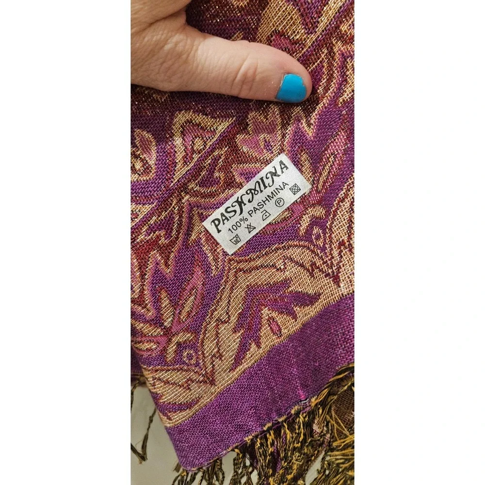 Pashmina 100% Pashmina‎ Shawl Wrap Scarf Purple Gold Metallic Fringe